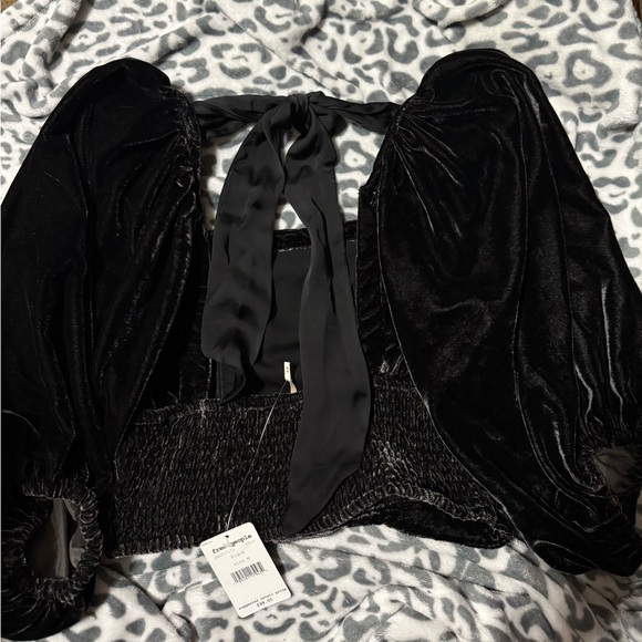 NWT Free People Velvet Marie Pouf Black Crop Top Open Back Balloon Sleeve - Picture 6 of 7